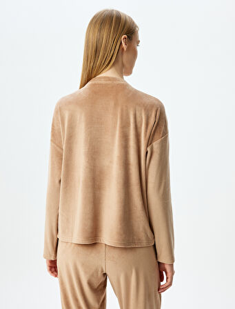 Uzun Kollu Bisiklet Yaka Baskılı Örgü Kadife Pijama Üstü