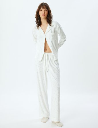 Polar Pijama Altı Düz Bol Paça Parıltılı Yıldız ve Ay Baskılı