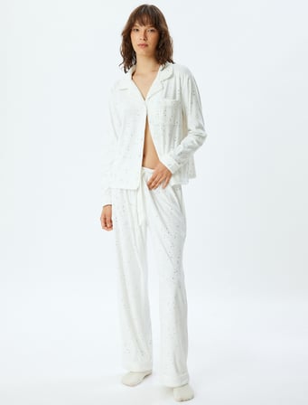 Polar Pijama Altı Düz Bol Paça Parıltılı Yıldız ve Ay Baskılı
