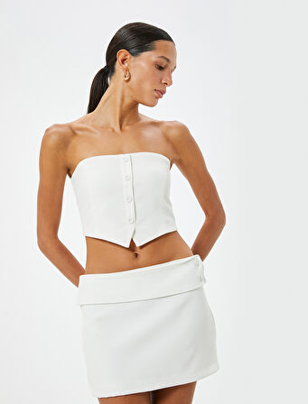 Crop Straplez Büstiyer Keten Karışımlı Düğme Detaylı