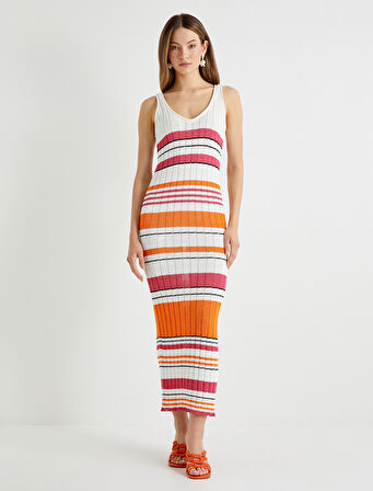 Uzun Kroşe Elbise Kalın Askılı U Yaka Rahat Kalıp