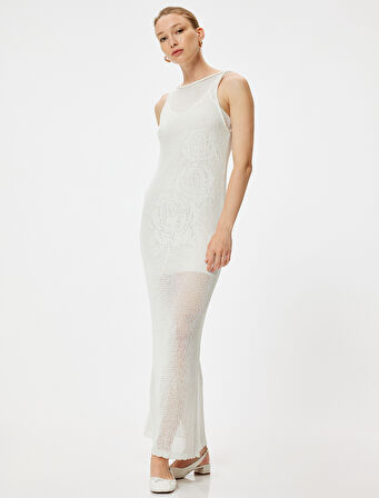 Uzun Kroşe Elbise Kolsuz Yuvarlak Yaka Yarım Astarlı 