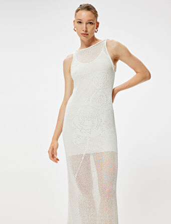 Uzun Kroşe Elbise Kolsuz Yuvarlak Yaka Yarım Astarlı 