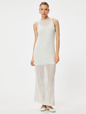 Uzun Kroşe Elbise Kolsuz Yuvarlak Yaka Yarım Astarlı 