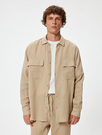 Uzun Kollu Gömlek Müslin Kapaklı Cep Detaylı Pamuklu