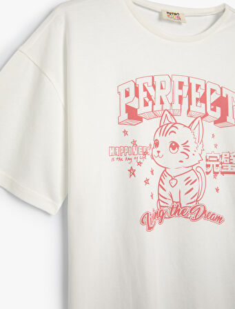 Tişört Kedi Baskılı Bisiklet Yaka Kısa Kollu Pamuklu