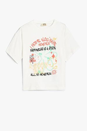 Koton Kız Çocuk Tişört Kısa Kollu Bisiklet Yaka Grafiti Baskılı Pamuklu