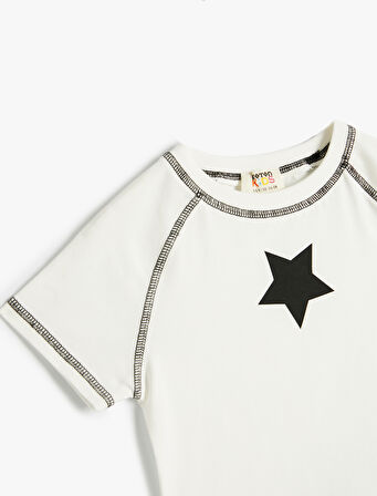 Tişört Yıldız Baskılı Kısa Kollu Bisiklet Yaka 