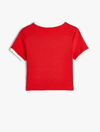 Crop Tişört Kısa Kollu Bisiklet Yaka Pullu Slogan Baskılı Pamuklu