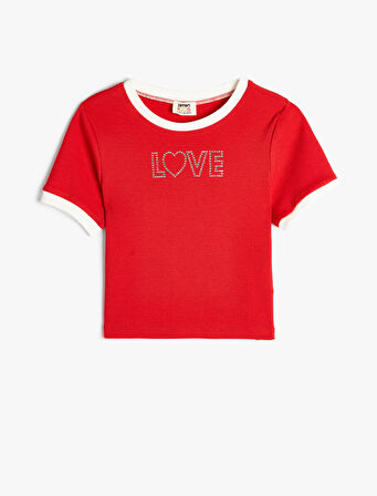 Crop Tişört Kısa Kollu Bisiklet Yaka Pullu Slogan Baskılı Pamuklu