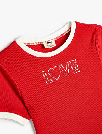 Crop Tişört Kısa Kollu Bisiklet Yaka Pullu Slogan Baskılı Pamuklu