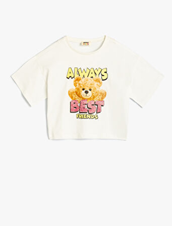 Oversize Tişört Ayıcık Baskılı Bisiklet Yaka Kısa Kollu 