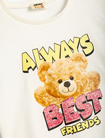 Oversize Tişört Ayıcık Baskılı Bisiklet Yaka Kısa Kollu 