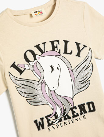 Tişört Unicorn Baskılı Kısa Kollu Bisiklet Yaka Pamuklu