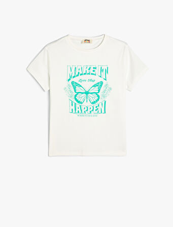 Tişört Kelebek Baskılı Kısa Kollu Bisiklet Yaka Pamuklu