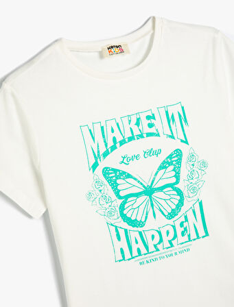 Tişört Kelebek Baskılı Kısa Kollu Bisiklet Yaka Pamuklu