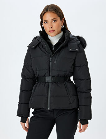 Kemerli Kapüşonlu Su Geçirmez Kayak Montu