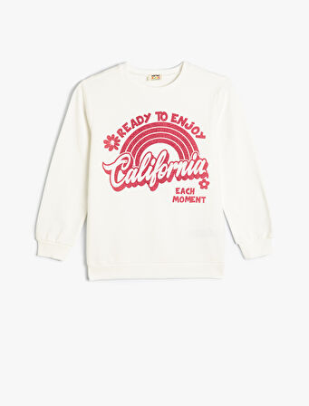Sweatshirt California Baskılı Simli Uzun Kollu Bisiklet Yaka Pamuklu
