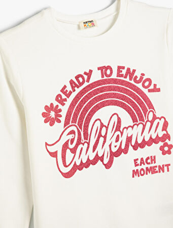 Sweatshirt California Baskılı Simli Uzun Kollu Bisiklet Yaka Pamuklu