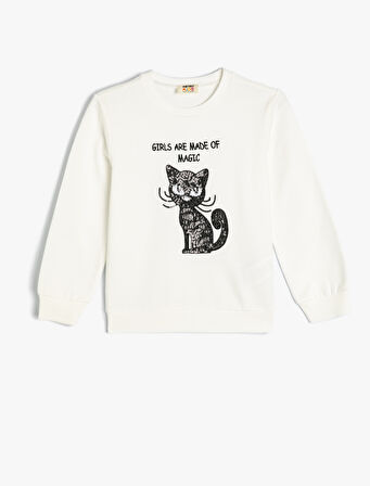Sweatshirt Kedi Baskılı Bisiklet Yaka Uzun Kollu Pamuklu 