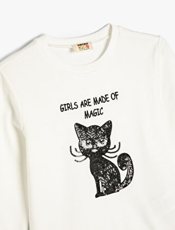 Sweatshirt Kedi Baskılı Bisiklet Yaka Uzun Kollu Pamuklu 