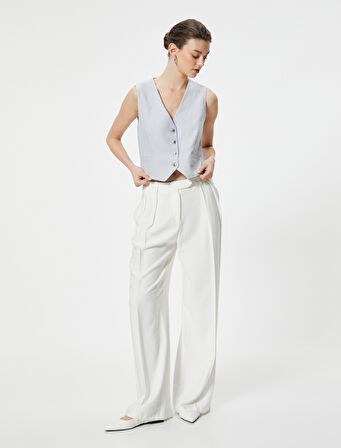 Keten Karışımlı Blazer Yelek V Yaka Düğmeli Fleto Cepli