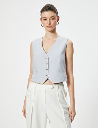 Keten Karışımlı Blazer Yelek V Yaka Düğmeli Fleto Cepli