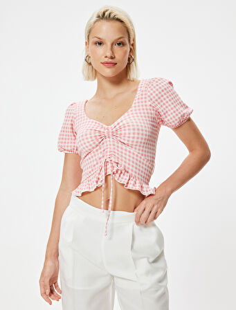 Pötikare Peplum Tişört Crop Fiyonk Detaylı Fırfırlı Slim Fit 