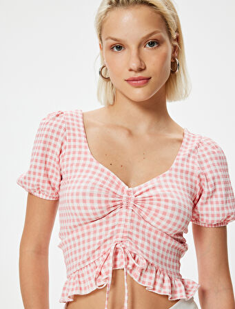 Pötikare Peplum Tişört Crop Fiyonk Detaylı Fırfırlı Slim Fit 