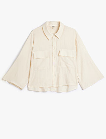 Kapaklı Çift Cepli Dokulu Geniş Uzun Kollu Gömlek