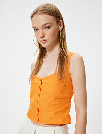 Crop Atlet Poplin Kalın Askılı Düğmeli V Yaka Slim Fit
