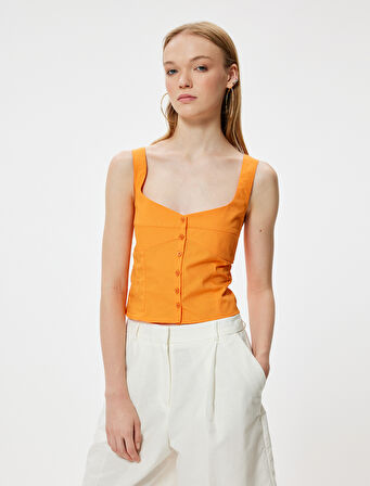 Crop Atlet Poplin Kalın Askılı Düğmeli V Yaka Slim Fit