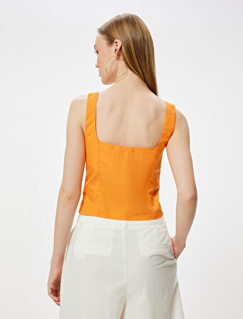 Crop Atlet Poplin Kalın Askılı Düğmeli V Yaka Slim Fit