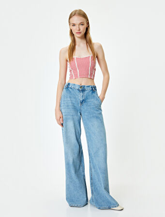 Straplez Büstiyer Pötikareli Crop Kolsuz Gipeli Dantel Detaylı Slim Fit