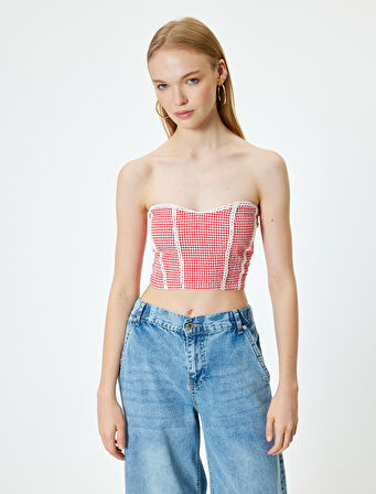 Straplez Büstiyer Pötikareli Crop Kolsuz Gipeli Dantel Detaylı Slim Fit
