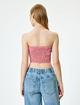 Straplez Büstiyer Pötikareli Crop Kolsuz Gipeli Dantel Detaylı Slim Fit