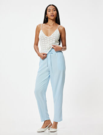 Keten Karışımlı Pantolon Beli Bağcıklı Cepli Havuç Kesim