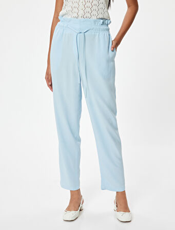 Keten Karışımlı Pantolon Beli Bağcıklı Cepli Havuç Kesim