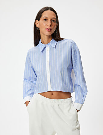 Crop Gömlek Poplin Uzun Kollu Klasik Yaka Düğmeli Parçalı Asimetrik Kesim