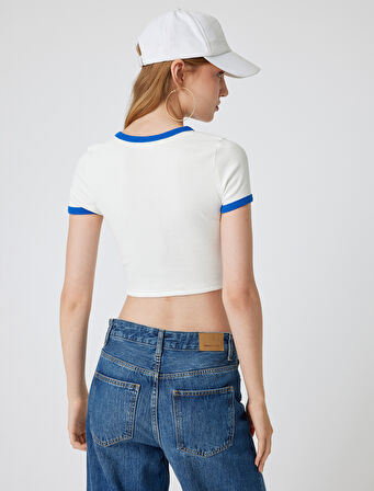 Crop Tişört Slogan Baskılı Bisiklet Yaka Biyeli Kısa Kollu Slim Fit