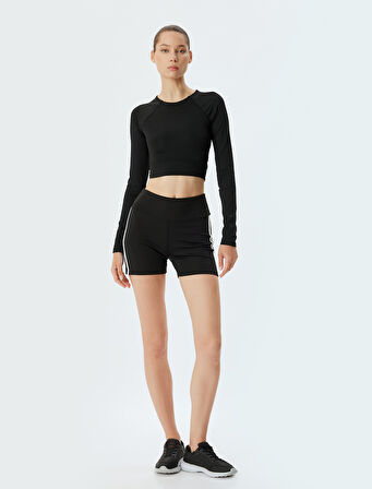 Spor Crop Tişört Uzun Kollu Bisiklet Yaka Bağlama Detaylı Slim Fit İnterlok