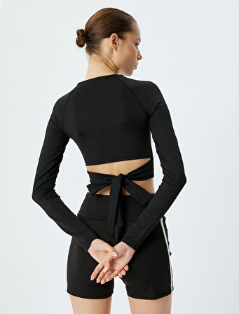 Spor Crop Tişört Uzun Kollu Bisiklet Yaka Bağlama Detaylı Slim Fit İnterlok