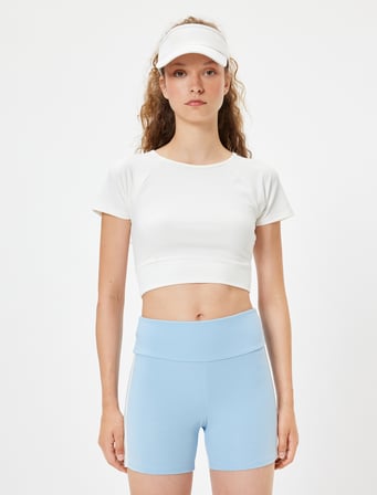 Spor Crop Tişört Bağlama Detaylı Slim Fit Bisiklet Yaka