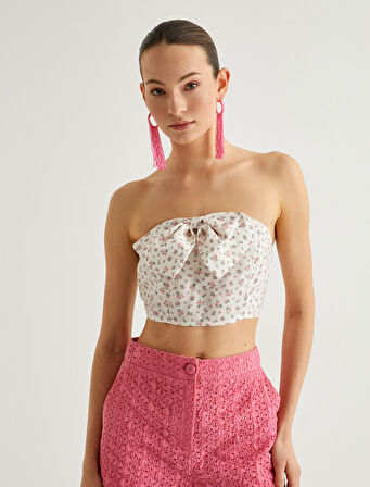 Çiçekli Straplez Büstiyer Crop Fiyonk Detaylı Slim Fit