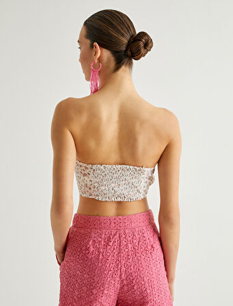 Çiçekli Straplez Büstiyer Crop Fiyonk Detaylı Slim Fit