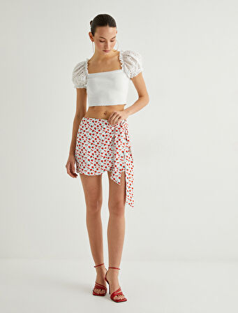 Meyve Desenli Bağlama Detaylı Mini Şort Etek