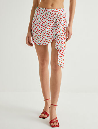 Meyve Desenli Bağlama Detaylı Mini Şort Etek