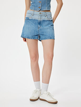 Mini Kot Şort Düğmeli Renk Bloklu Cepli Rahat Kesim