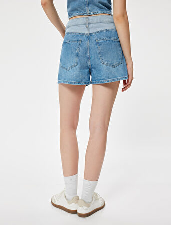 Mini Kot Şort Düğmeli Renk Bloklu Cepli Rahat Kesim