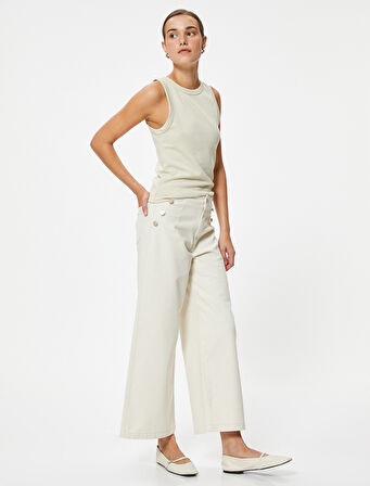 Crop Geniş Paça Kot Pantolon Yüksek Bel Düğmeli - Bianca Wide Leg Jean